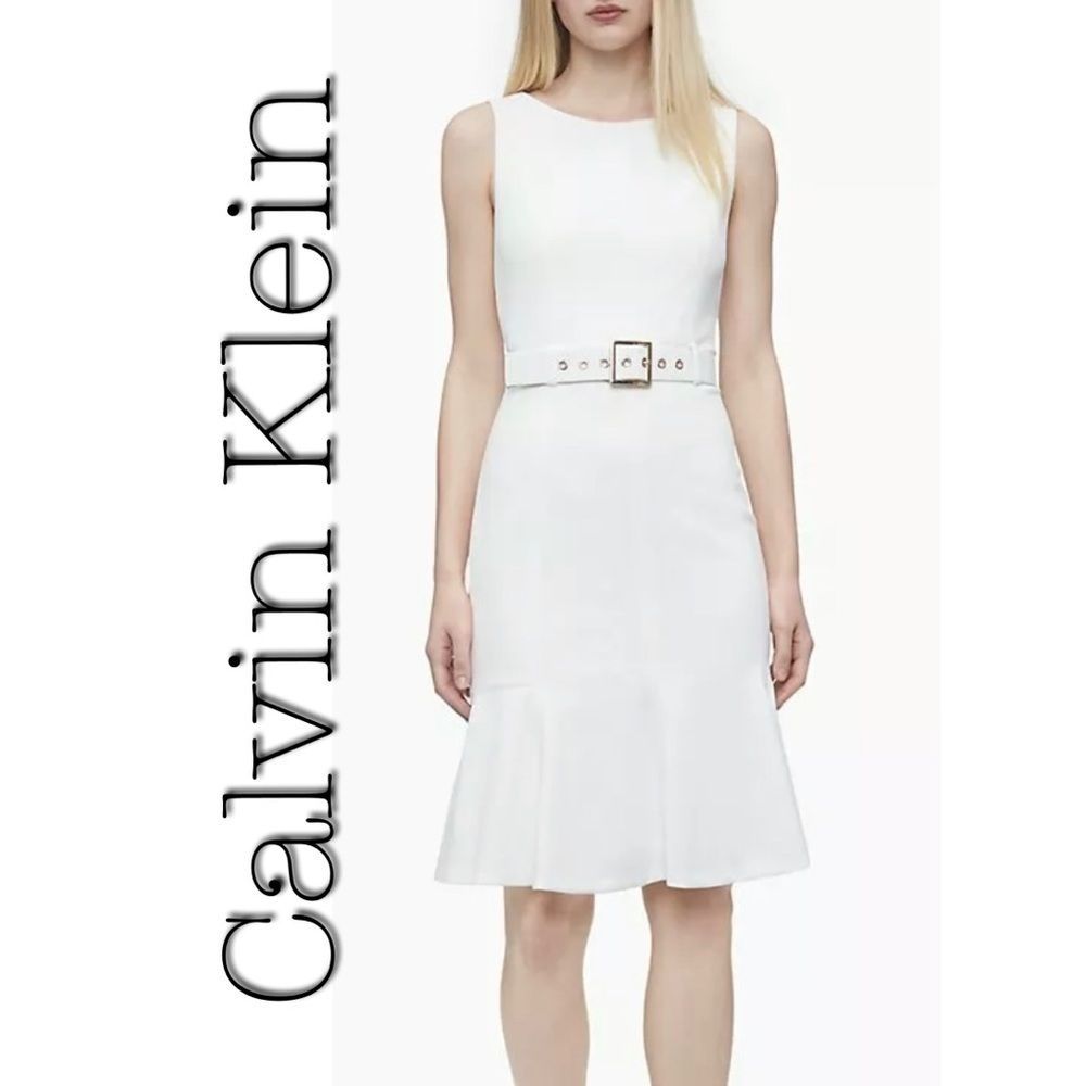 Calvin Klein Solid Belted Flutter Hem Dress NWT